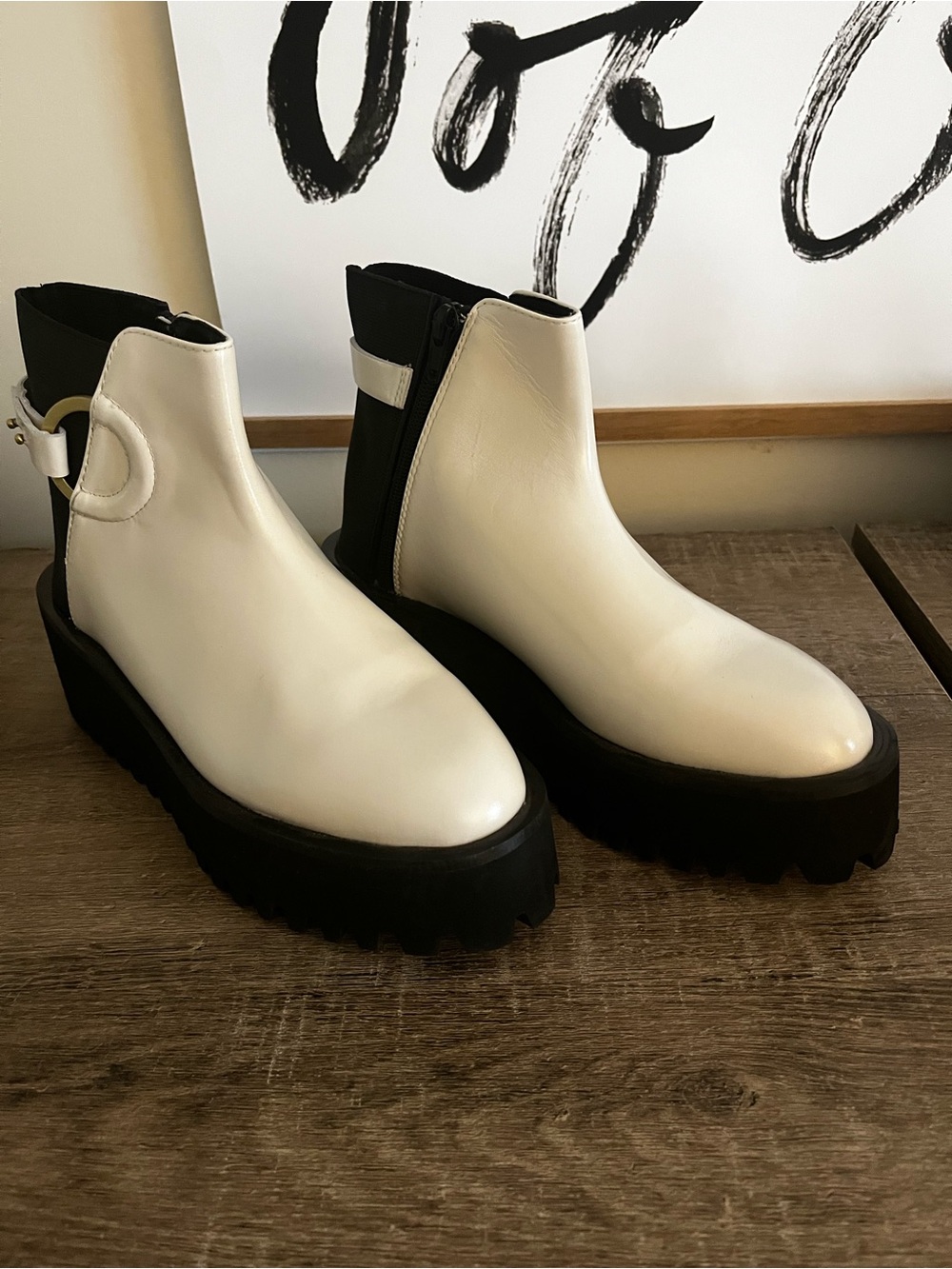 NEW “All Black” Boots in Cream with Black Lug Sole/Anthropologie/$205